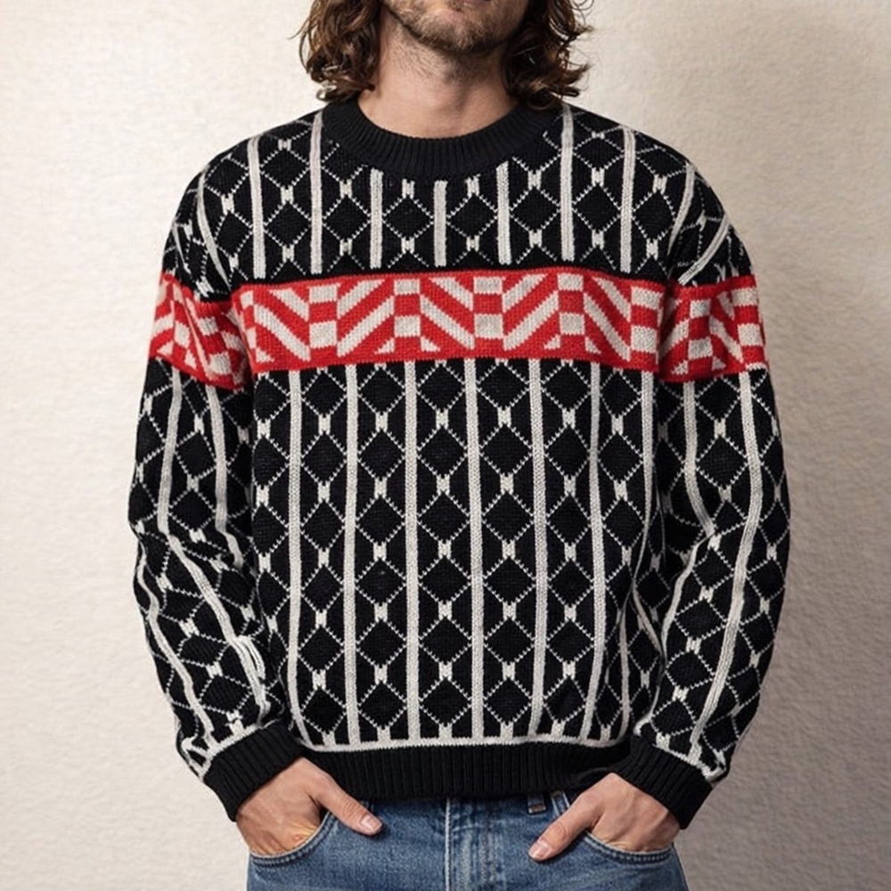 Men's Vintage Geometric Knit Sweater Red White Black Retro Crewneck Med-Large‎